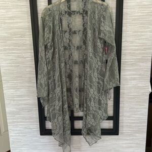 NWT OH MY BOD gray lace long shrug duster jacket sheer great for covering the ar